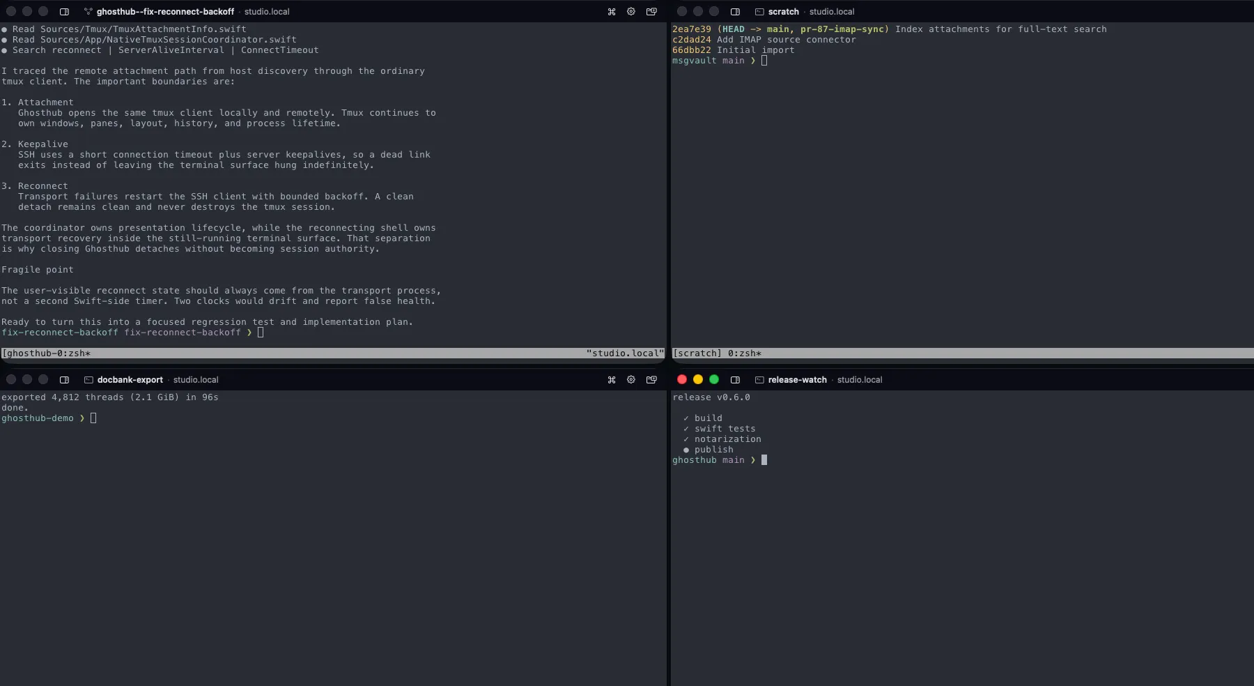 Six real Ghosthub windows arranged in a tight three-by-two matrix, each attached to a different tmux session with its sidebar collapsed