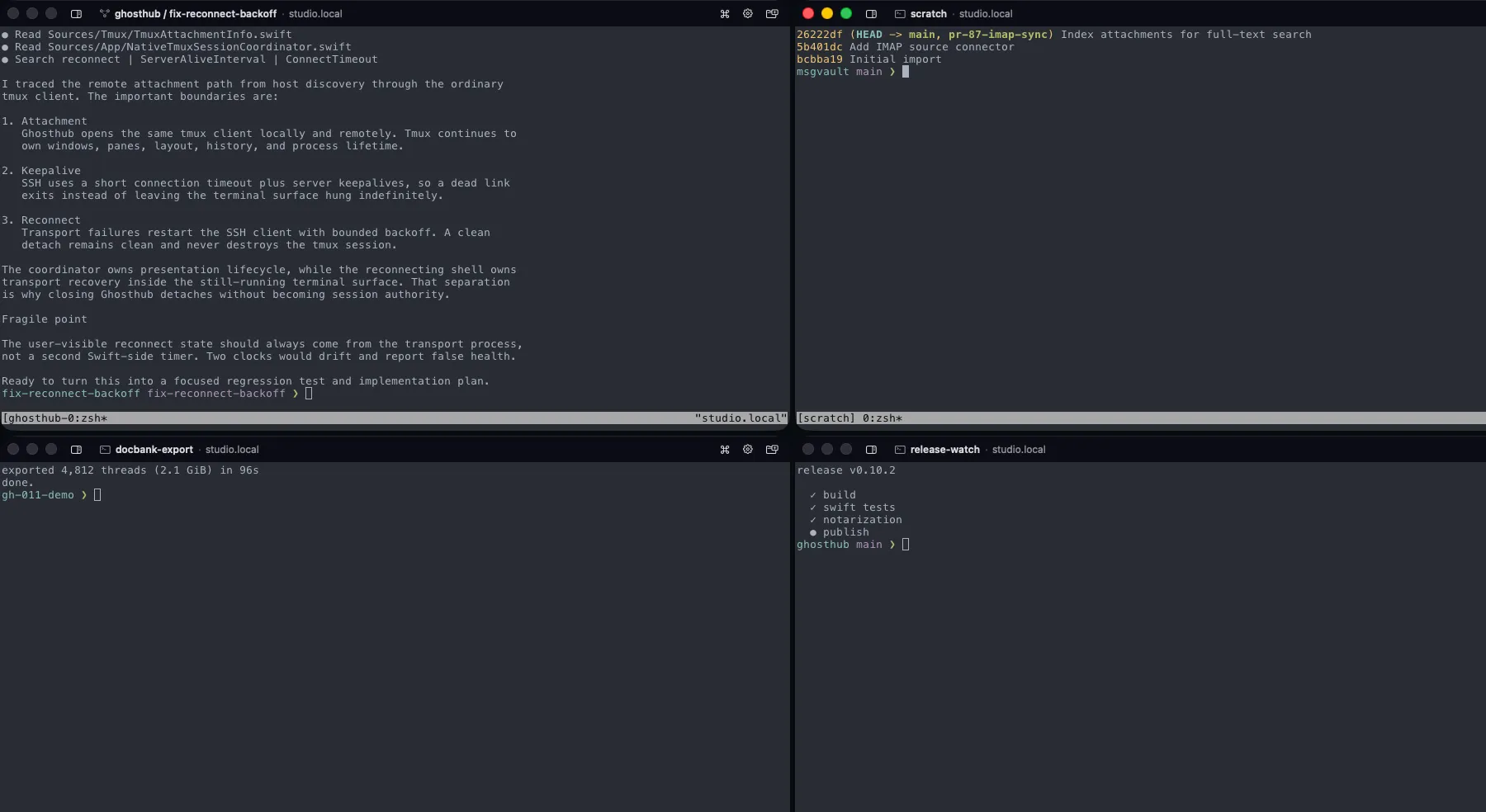 Four real Ghosthub windows arranged in a tight two-by-two matrix, each attached to a different tmux session with its sidebar collapsed