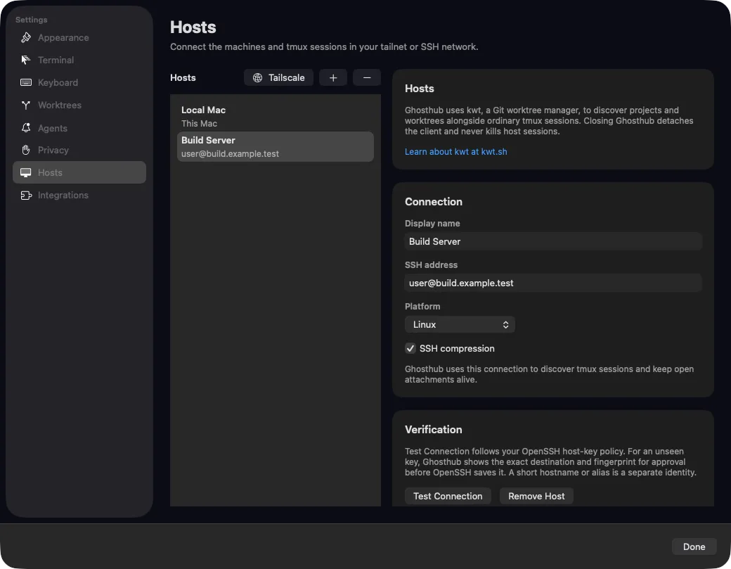 Ghosthub Hosts settings with a configured remote GPU host