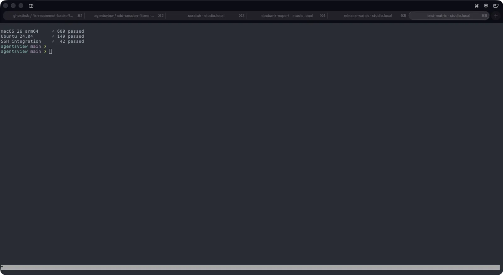 Six numbered native Ghosthub workspace tabs, each attached to a different tmux session