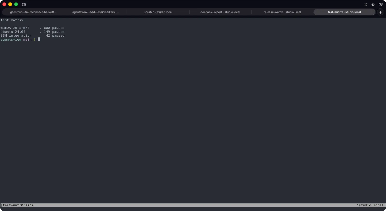 Six native Ghosthub workspace tabs, each attached to a different tmux session