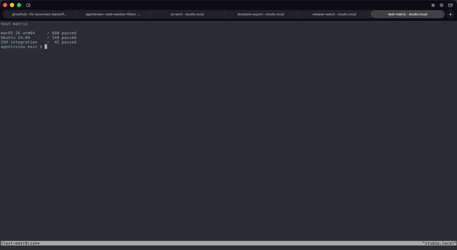 Six native Ghosthub workspace tabs, each attached to a different tmux session