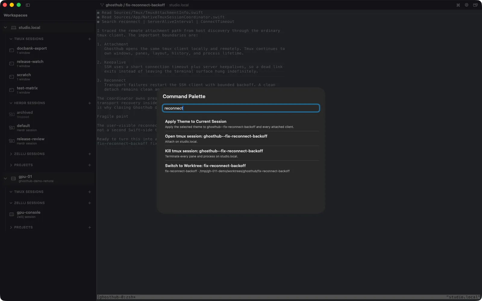 Ghosthub Command Palette filtered to a reconnect worktree