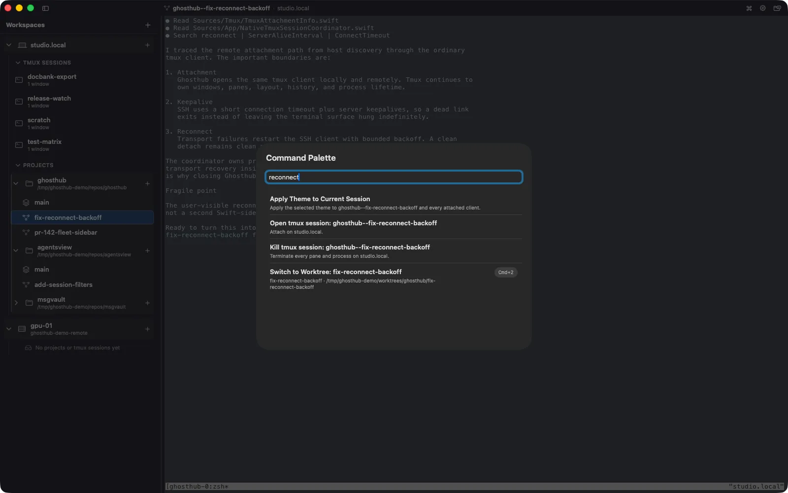 Ghosthub Command Palette filtered to a reconnect worktree