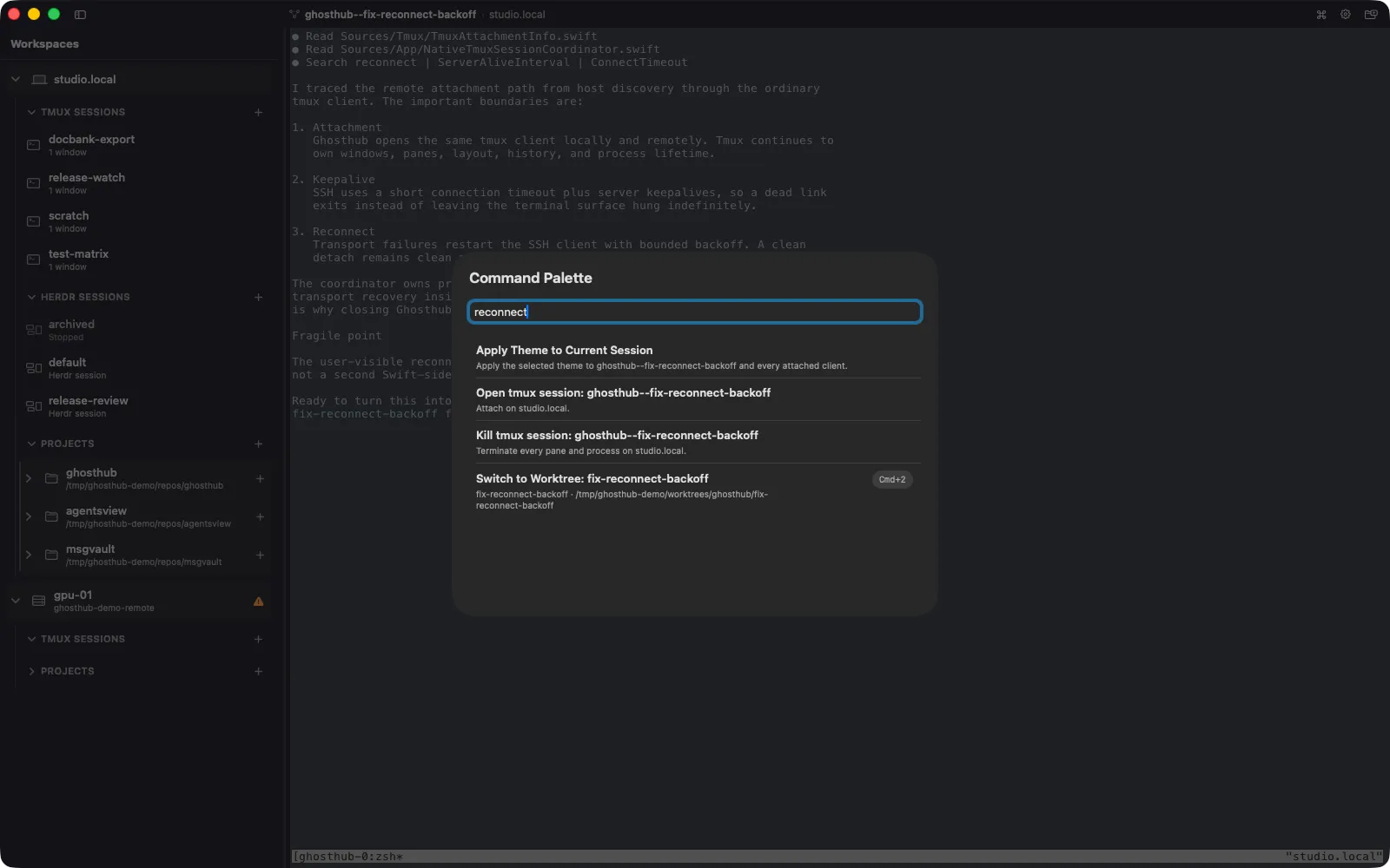 Ghosthub Command Palette filtered to a reconnect worktree