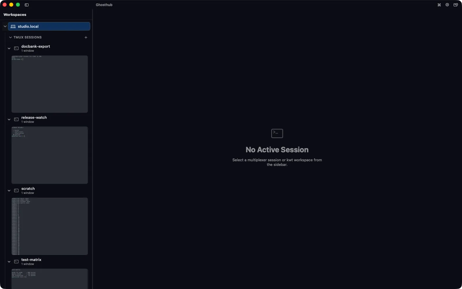 Ghosthub sidebar with Always Live previews expanded for discovered tmux sessions