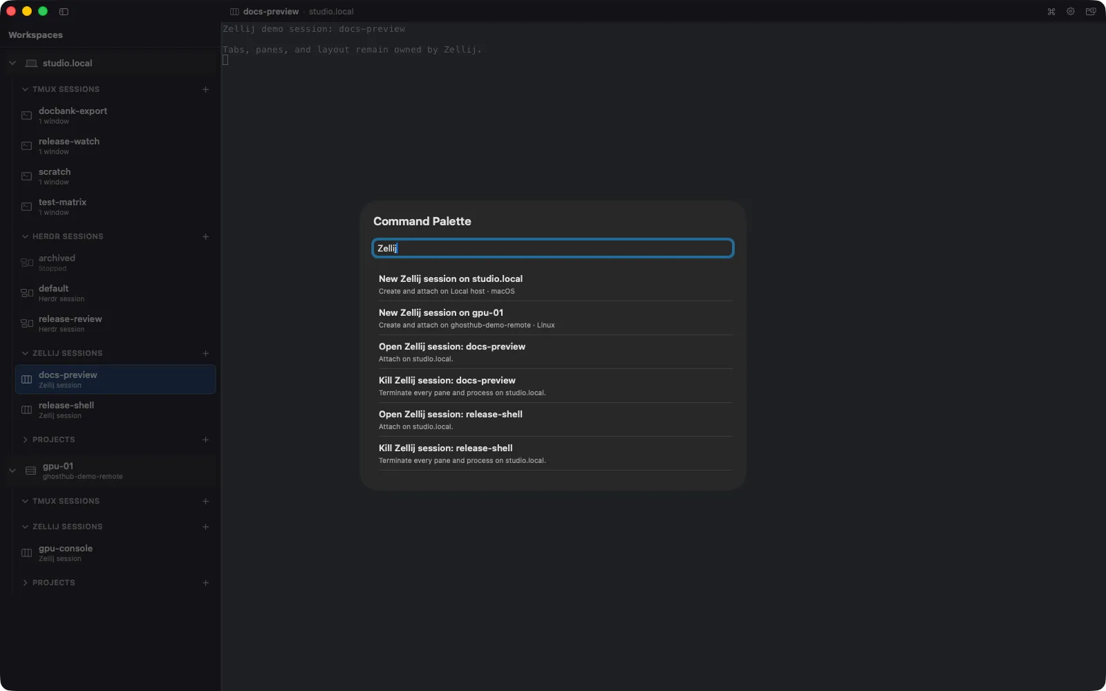 Ghosthub workspace showing Tmux, Herdr, and Zellij sessions for local and remote hosts