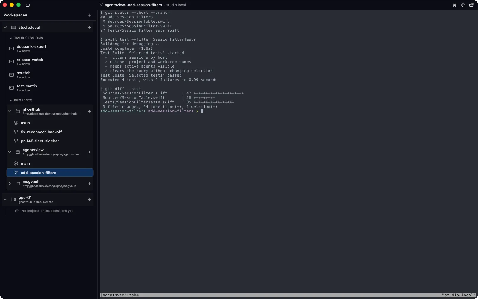 Ghosthub workspace showing local sessions, projects, worktrees, and a remote host in the sidebar