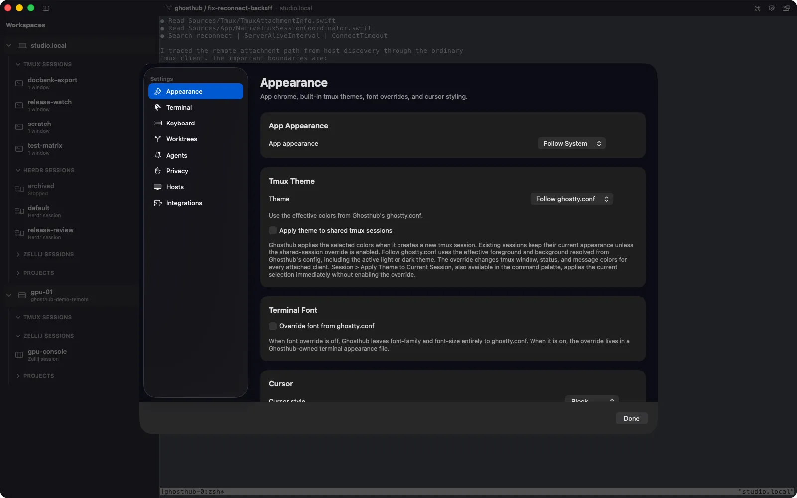 Ghosthub Appearance settings showing the theme for new tmux sessions