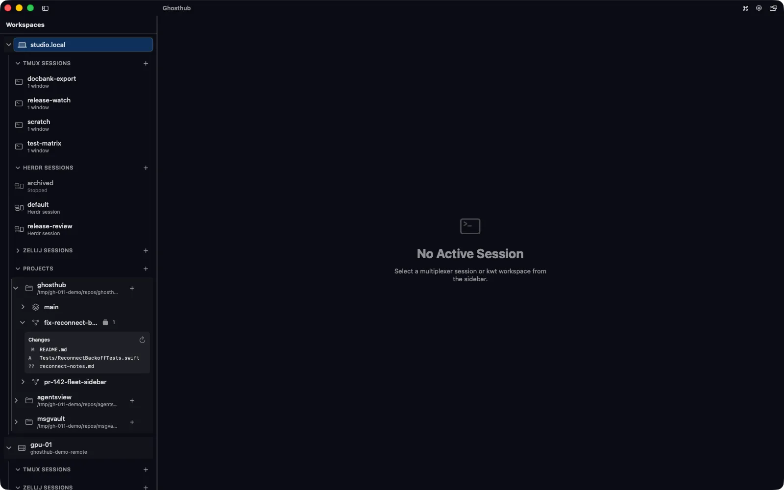 Ghosthub sidebar showing staged, modified, and untracked worktree files