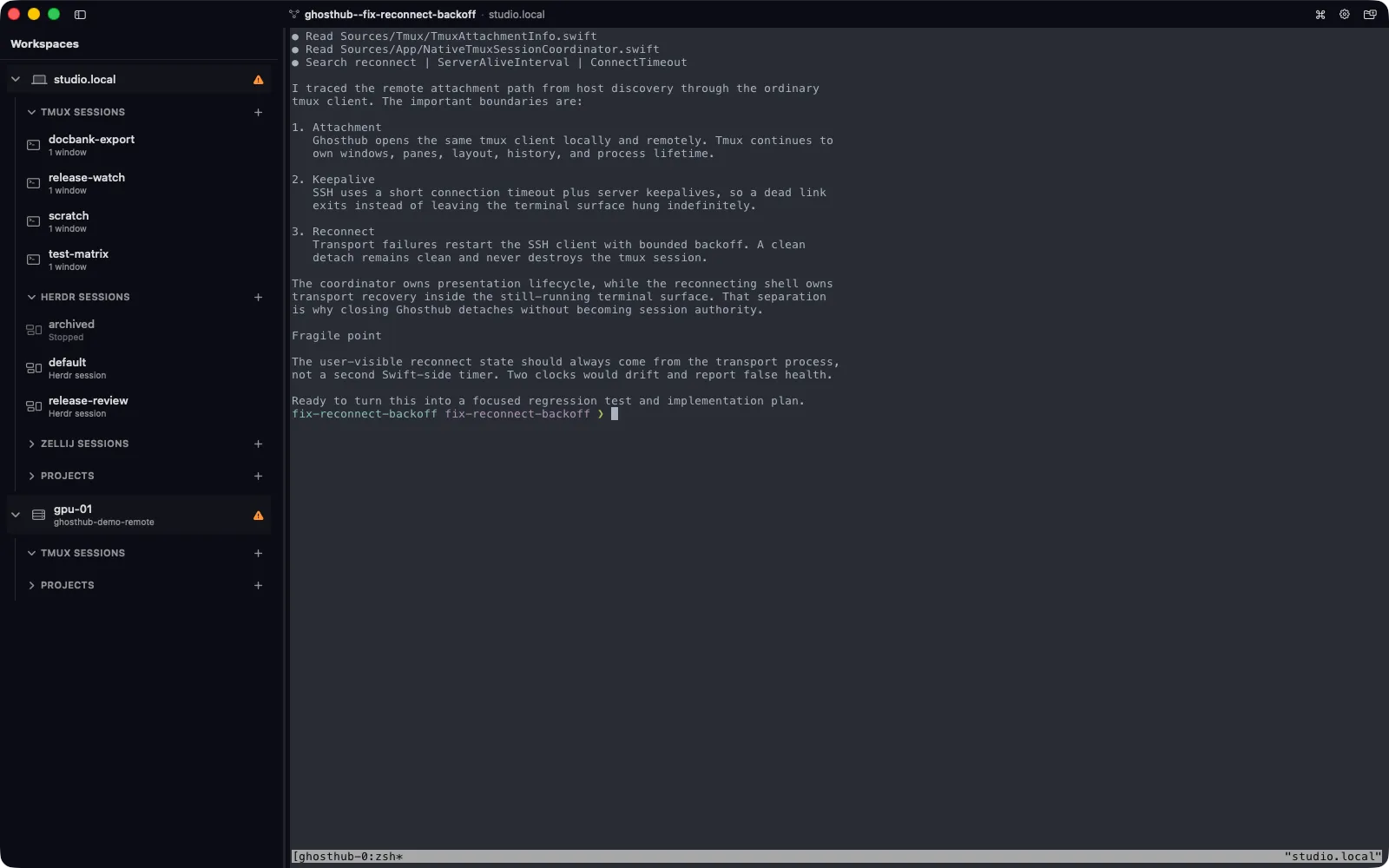 Ghosthub main window with local and remote tmux, Herdr, and Zellij sessions alongside tmux-backed worktrees