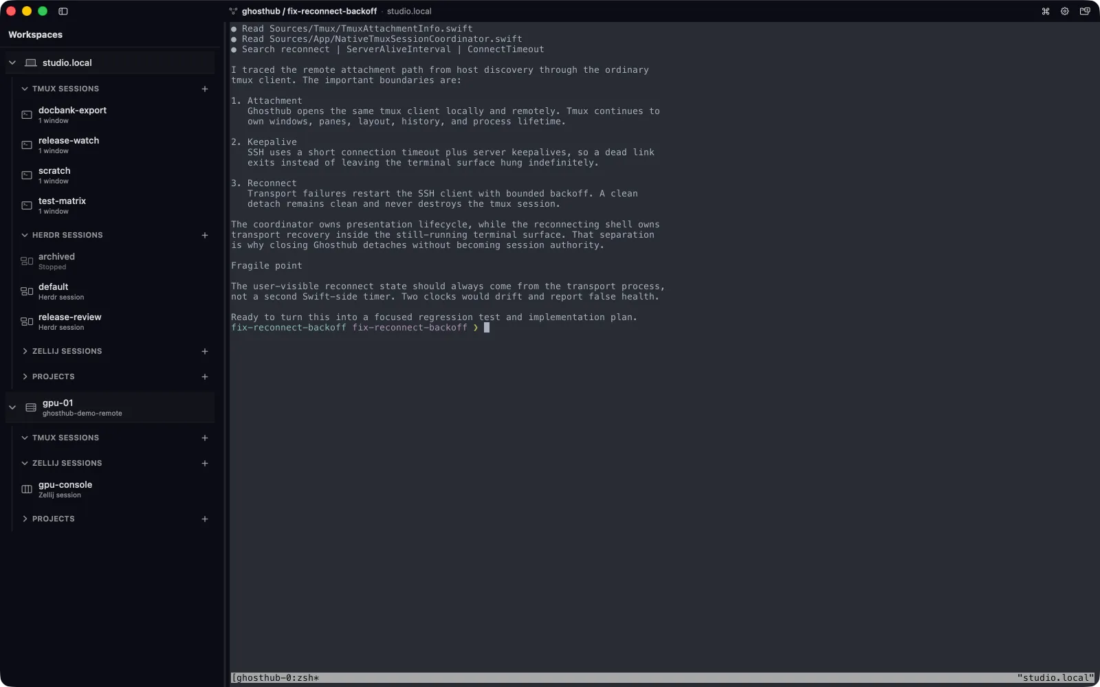 Ghosthub main window with local and remote tmux, Herdr, and Zellij sessions alongside tmux-backed worktrees