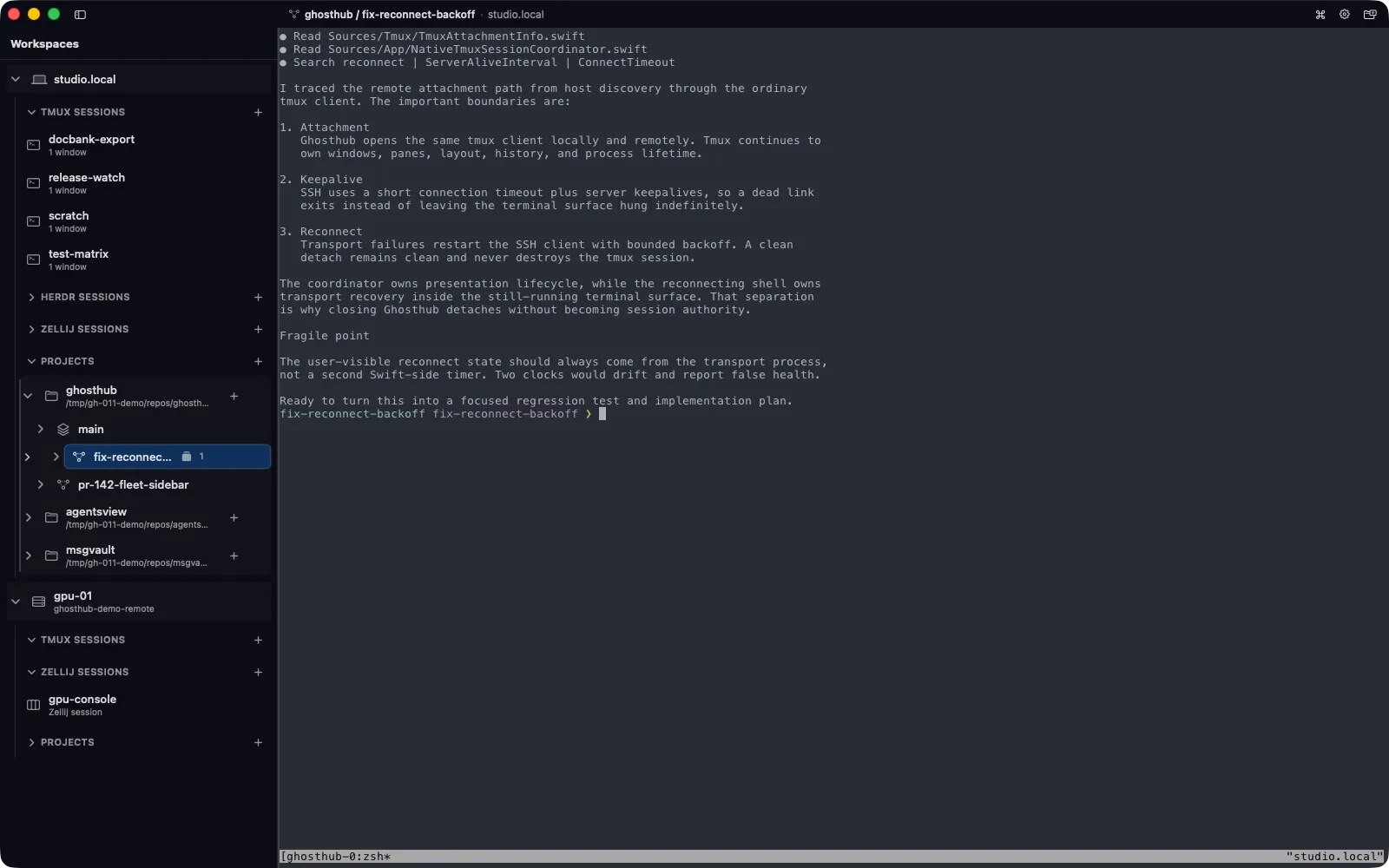 Ghosthub main window with local and remote tmux, Herdr, and Zellij sessions alongside tmux-backed worktrees