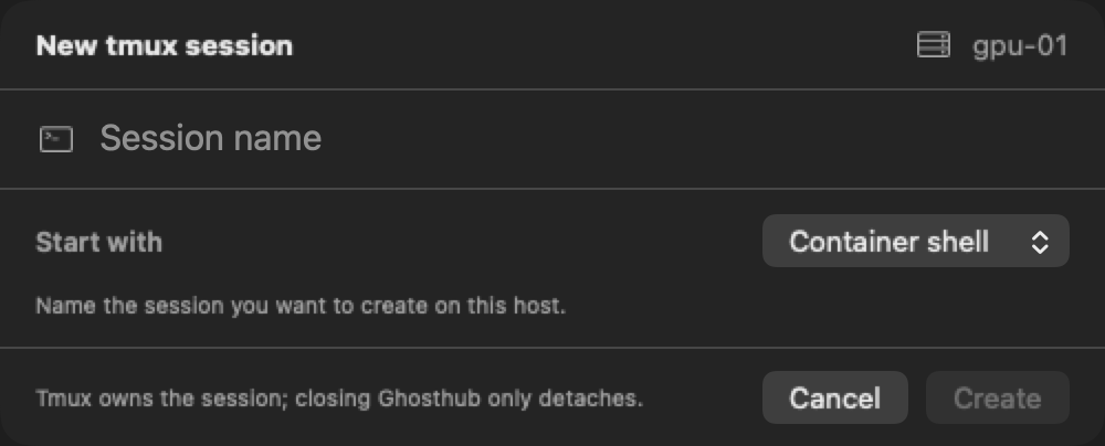 New tmux session sheet with Container shell selected