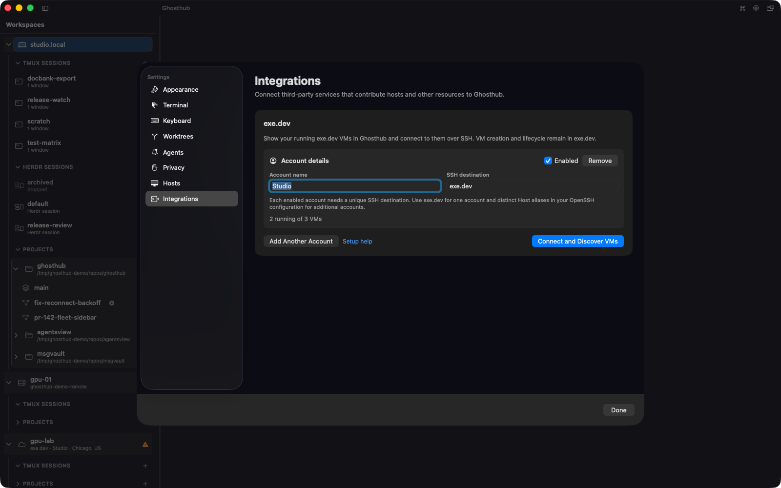 Ghosthub Integrations settings showing a connected exe.dev account and discovered VM status