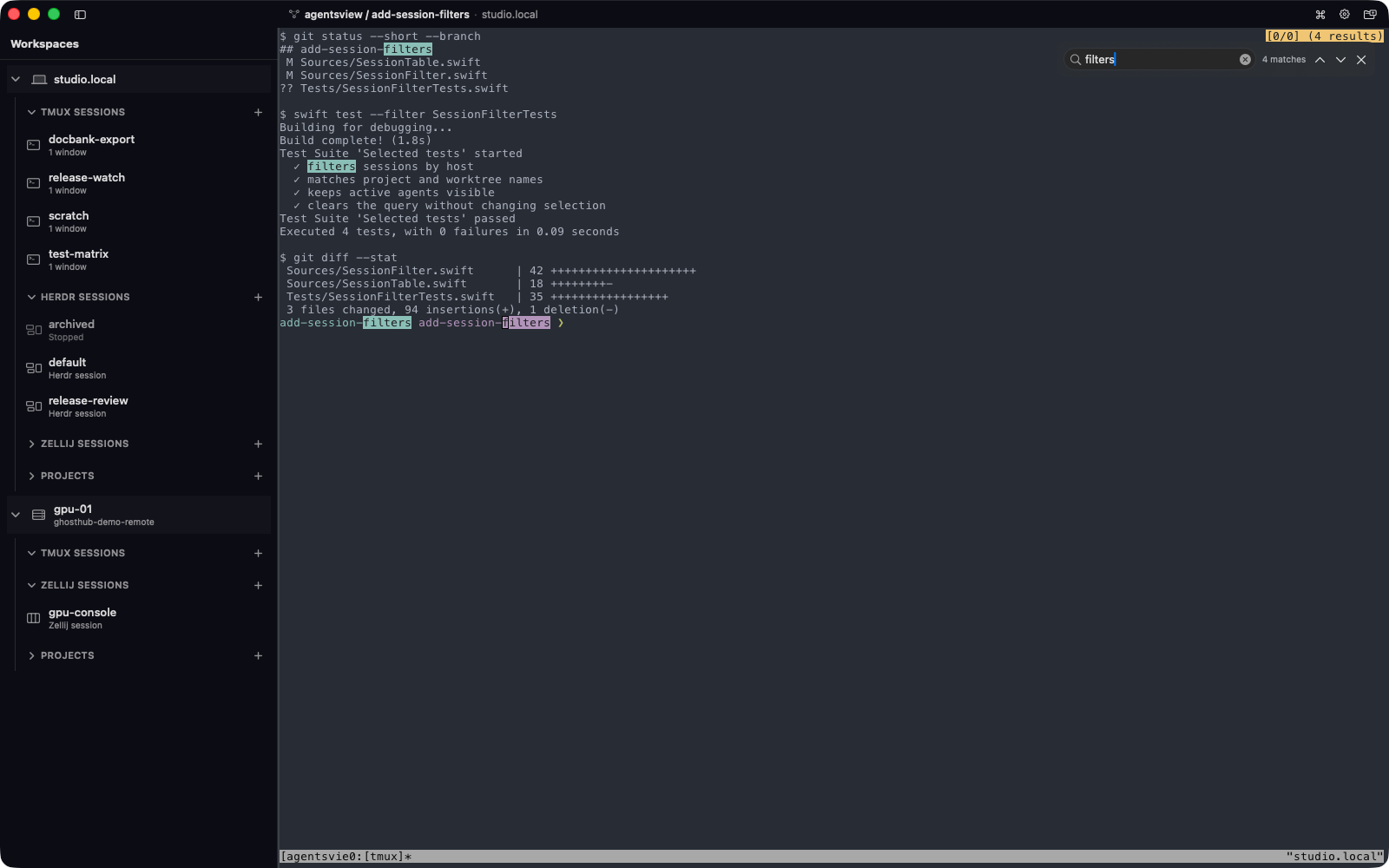 Find bar searching an active tmux pane's history