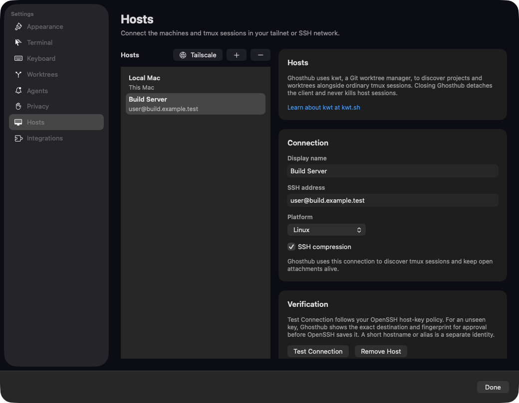 Ghosthub Host Settings with the connection test and remote host details