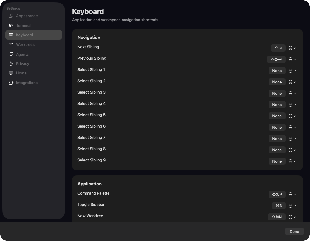 Keyboard settings with navigation shortcuts and row menus