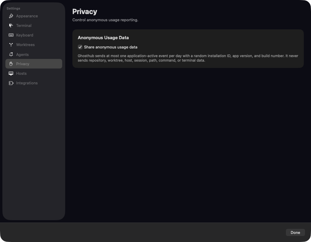 Privacy settings with Share anonymous usage data enabled