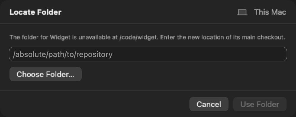 Locate Folder sheet for a moved project