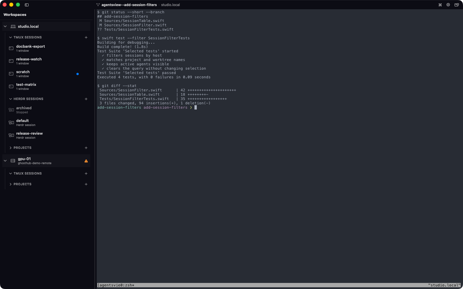 Ghosthub sidebar showing an accent activity indicator beside a standalone session that is producing output while another session is selected