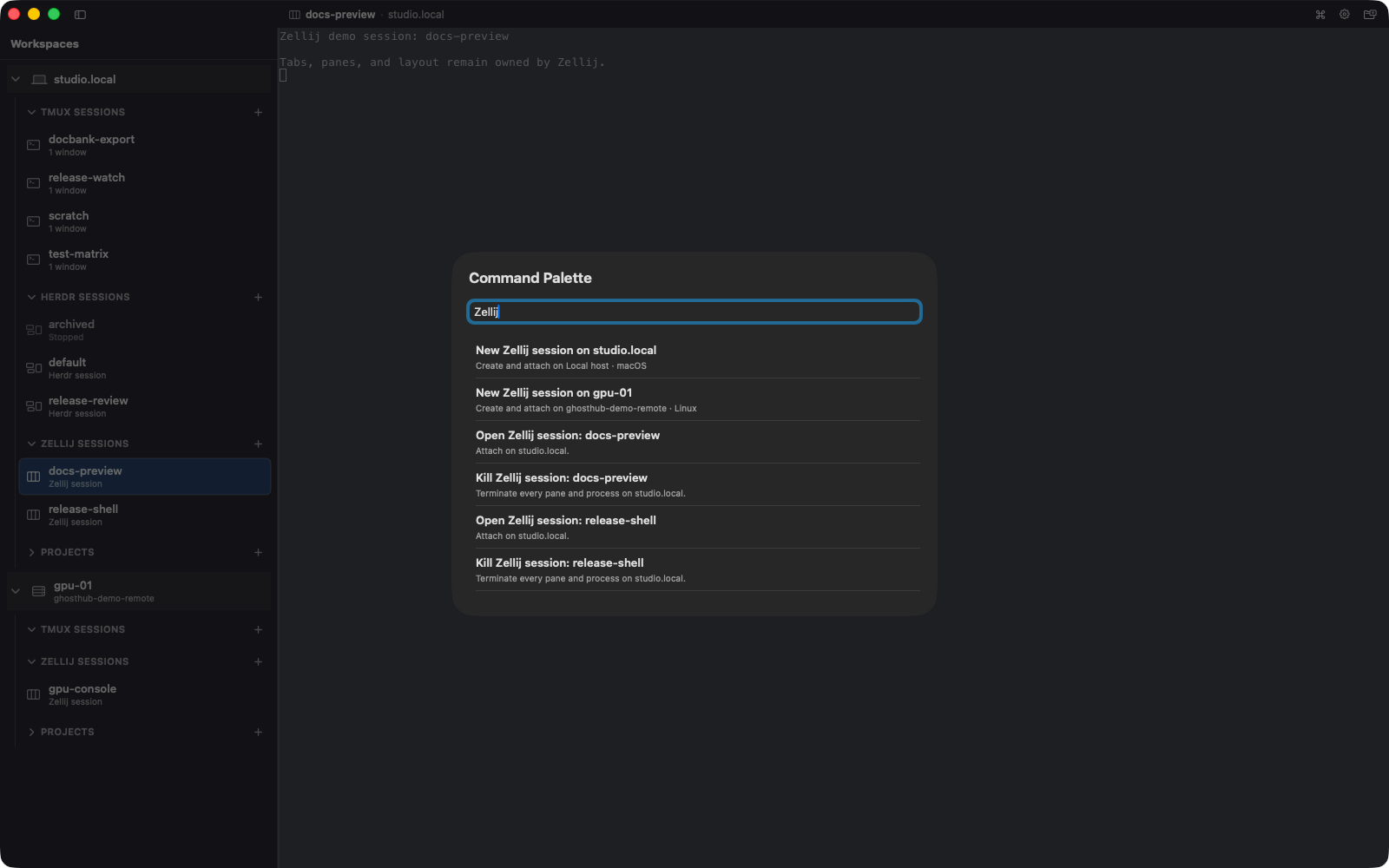 Ghosthub showing tmux, Herdr, and Zellij session groups with an active Zellij session and its Command Palette actions