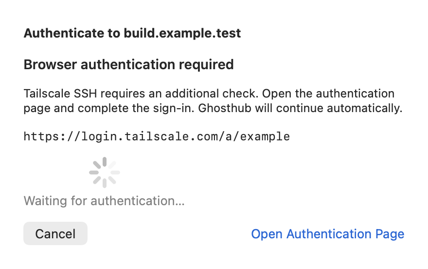 Ghosthub authentication sheet showing a Tailscale sign-in link and waiting status