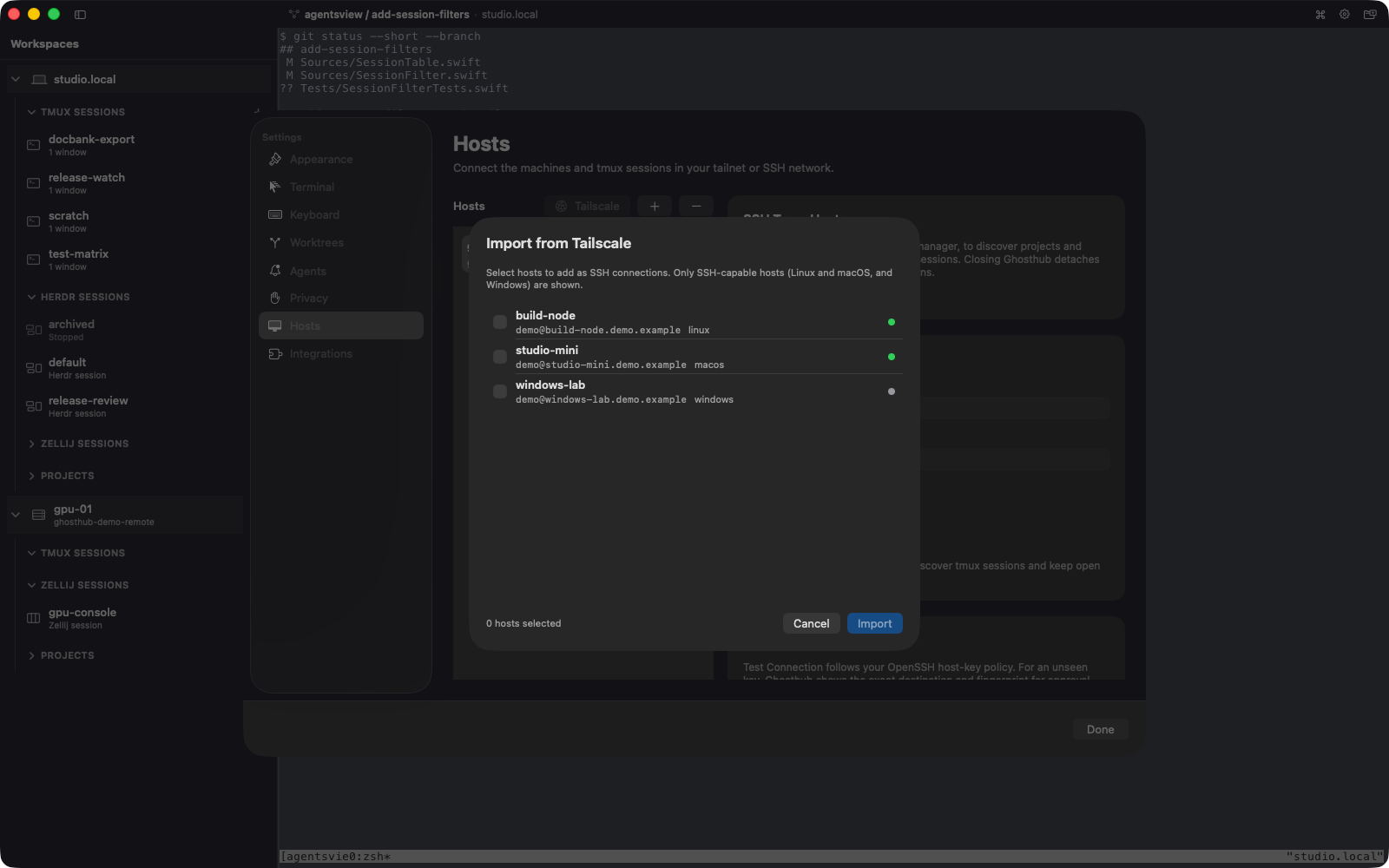 Host Settings with explicit Tailscale import controls