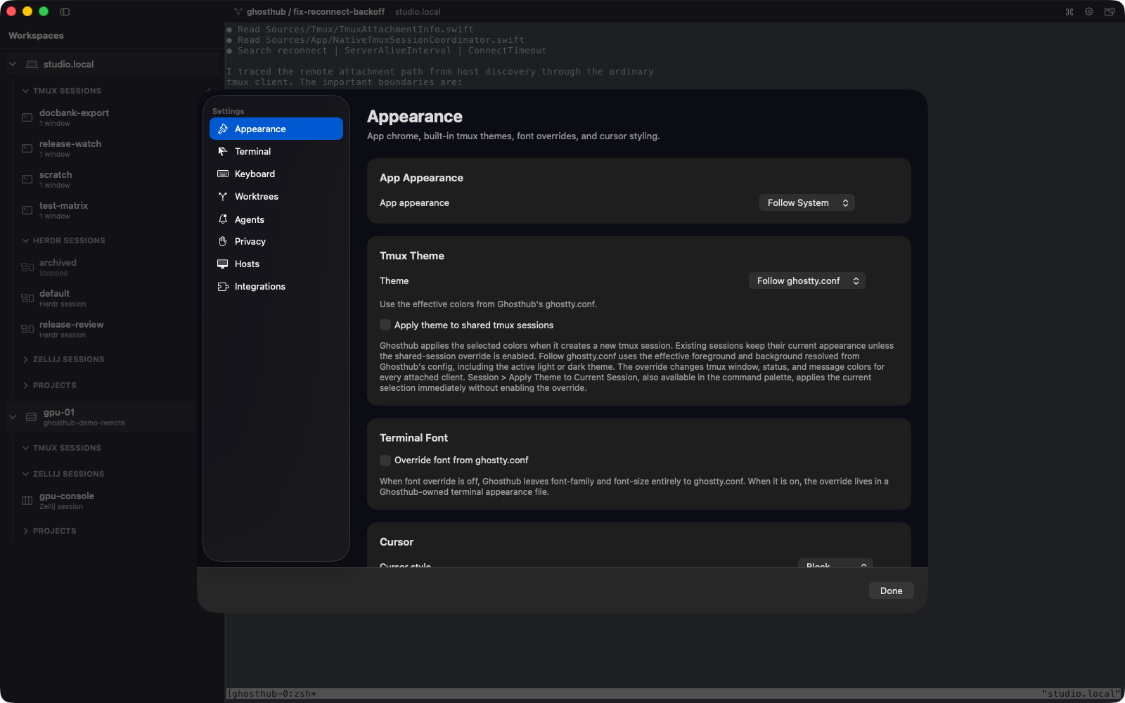 Ghosthub Appearance settings with the tmux theme picker