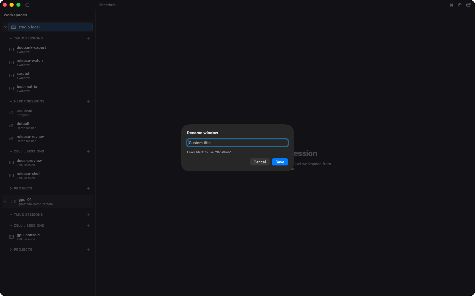 Ghosthub's editor for a workspace window or tab title