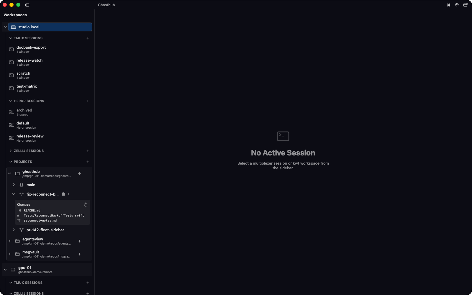 Ghosthub showing staged, modified, and untracked files beneath a worktree