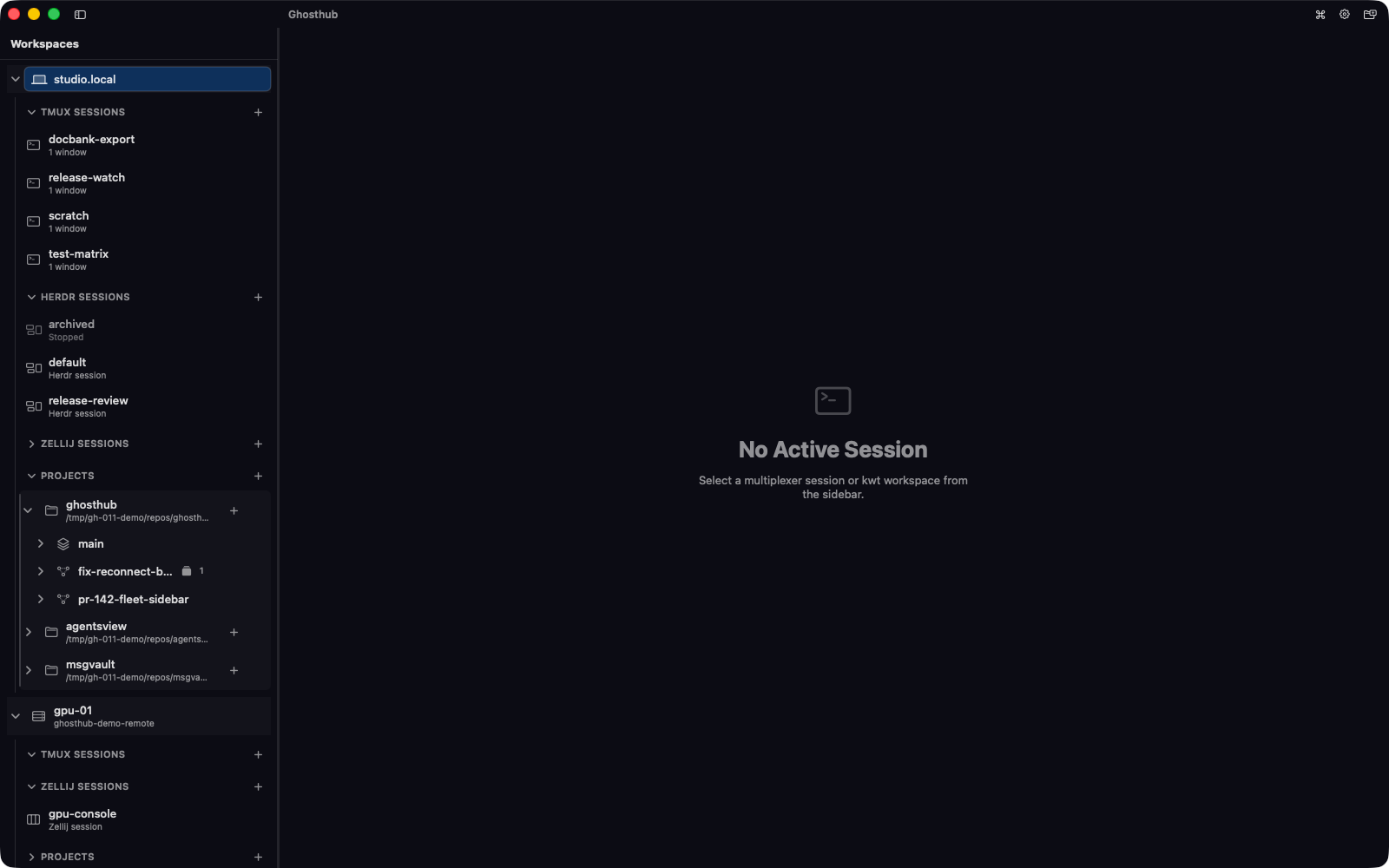 Ghosthub showing a compact tmux window count on a worktree row