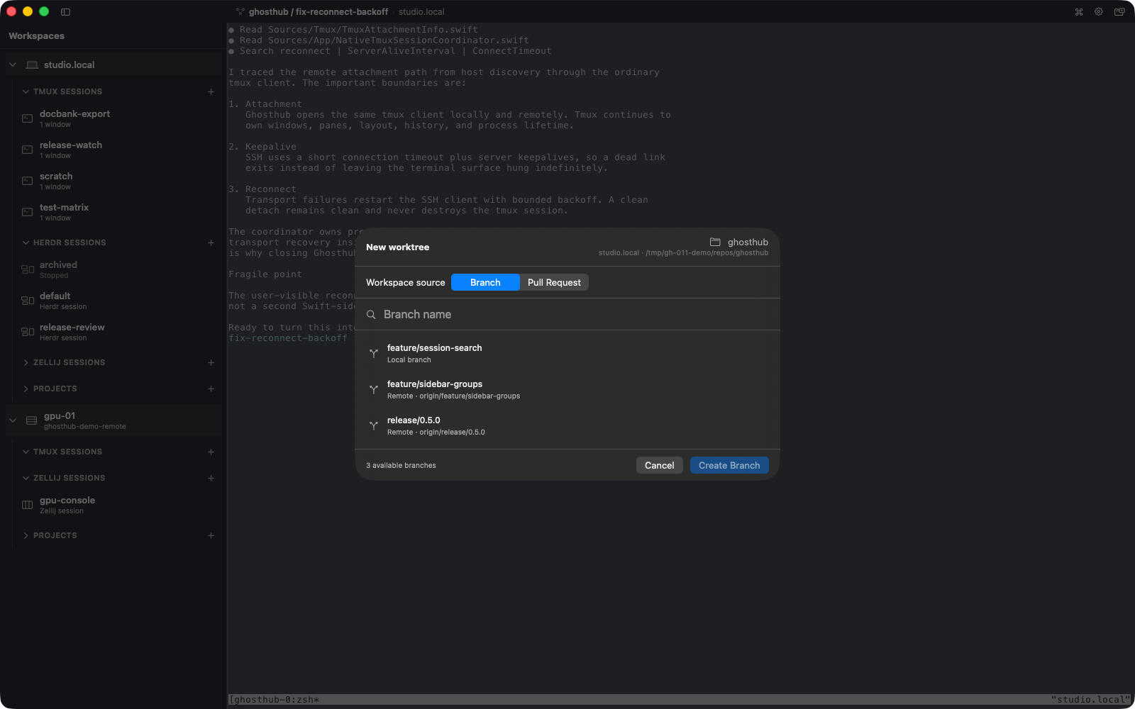 New worktree sheet with branch choices